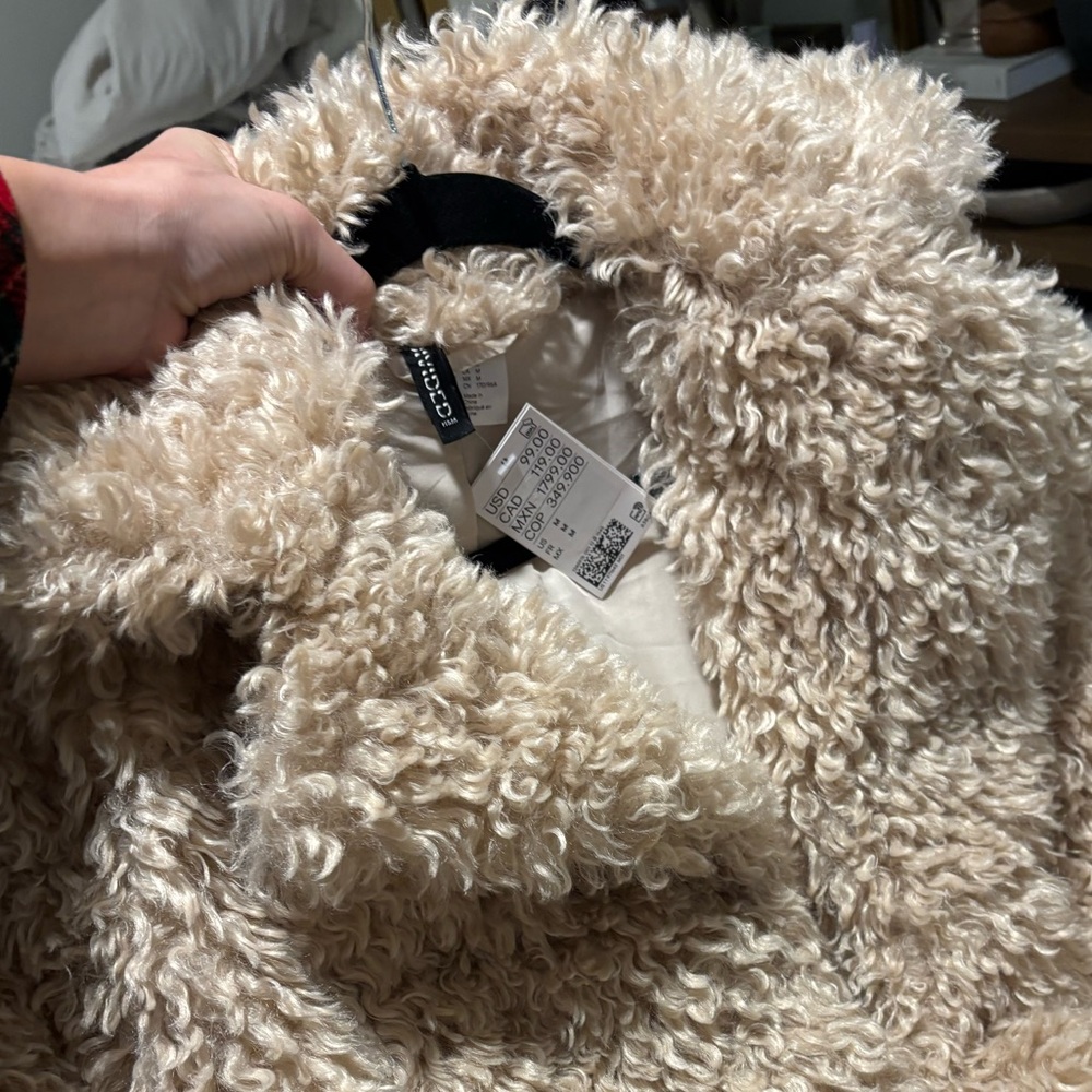 H&M TIE-BELT TEDDY FLEECE COAT - Picture 6 of 6
